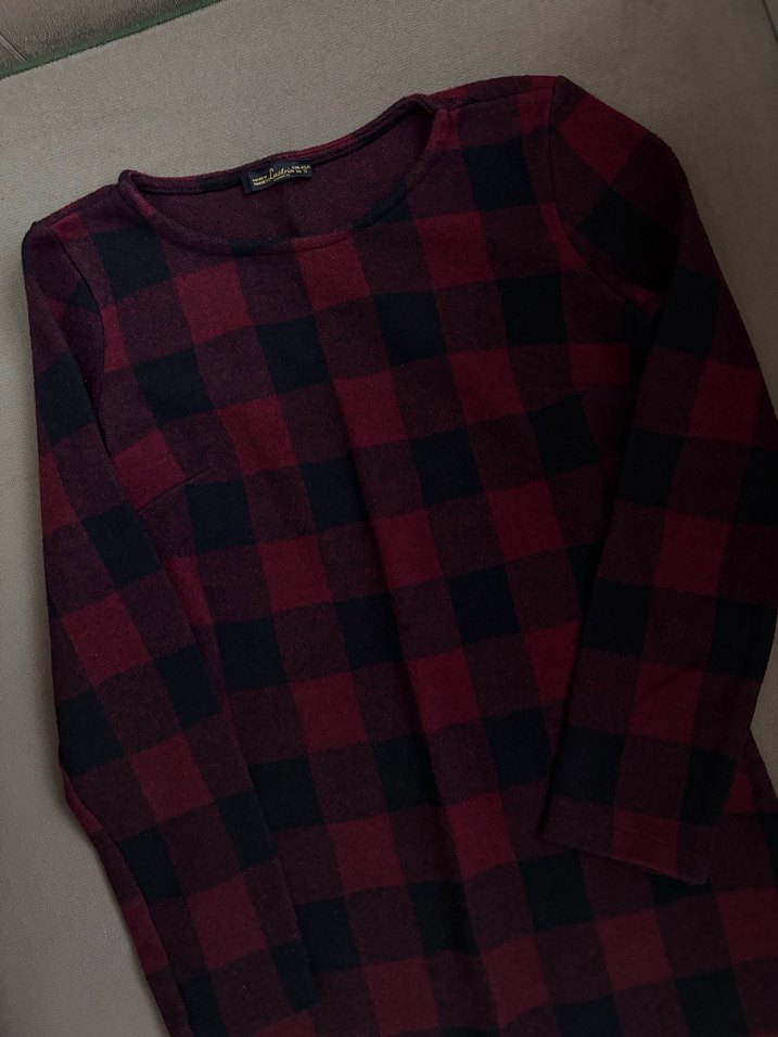 Bordo Kareli Uzun Kollu Triko Elbise - Görsel 2