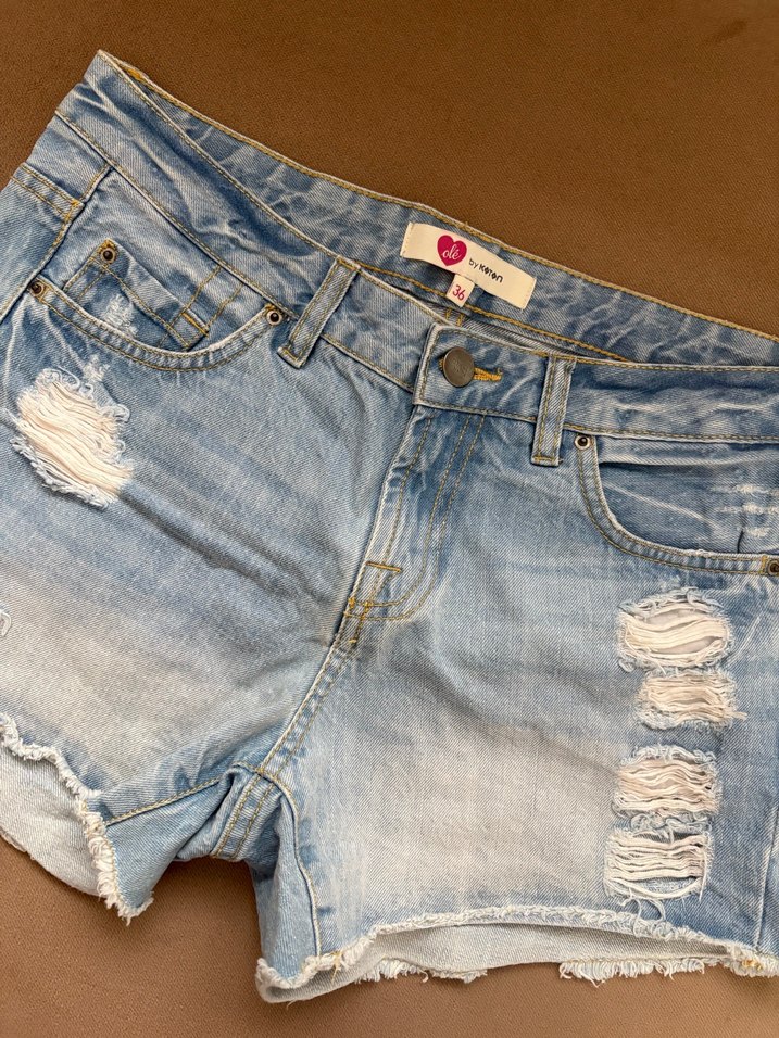 Kadın Mavi Yırtık Denim Mini Şort - Görsel 3
