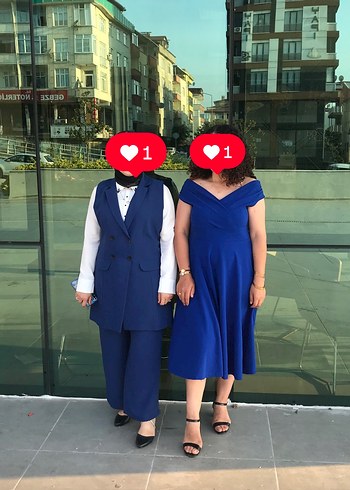 Abiye Mavi V Yakalı Midi Abiye Elbise