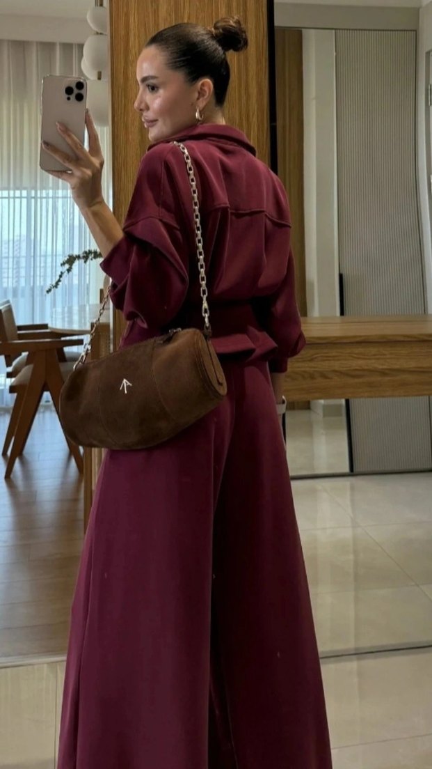 Bordo Uzun Kol ve Kemerli Kadın Takım - Görsel 2