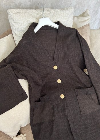 l Beden Düğmeli Kahverengi Uzun kimono- hırka