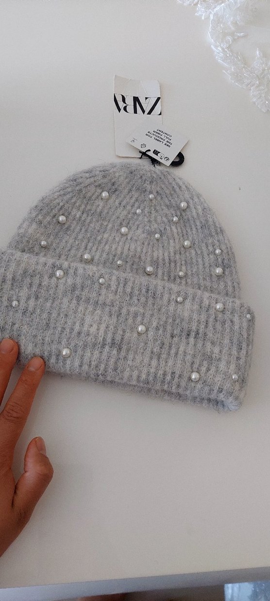 İnci Detaylı Gri Kadın Örgü Bere - Görsel 4