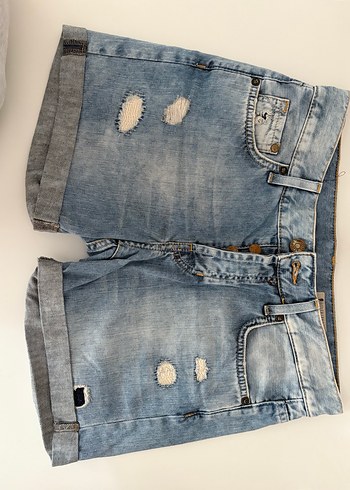 Düğmeli Gri Mavi Kadın Mini Denim Şort
