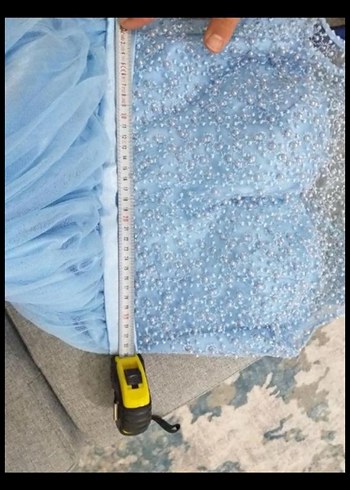 Mavi Uzun Nişanlık Abiye Elbise İnci Detaylı - Görsel 4