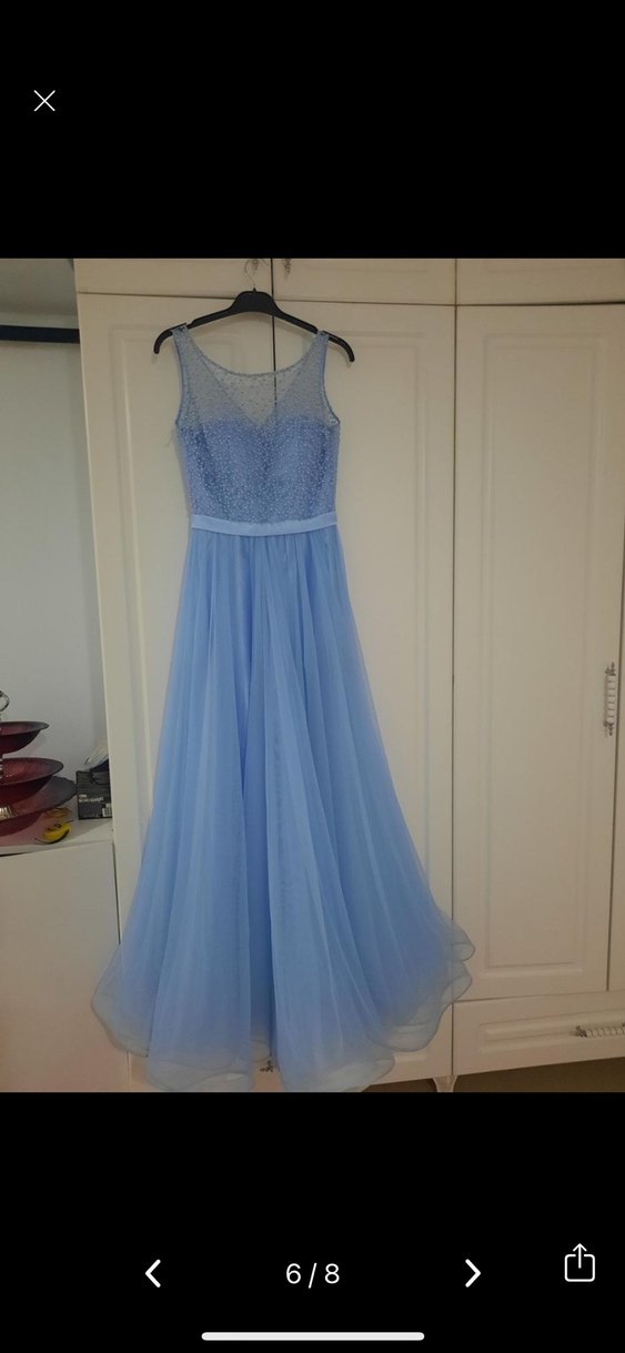 Mavi Uzun Nişanlık Abiye Elbise İnci Detaylı - Görsel 3