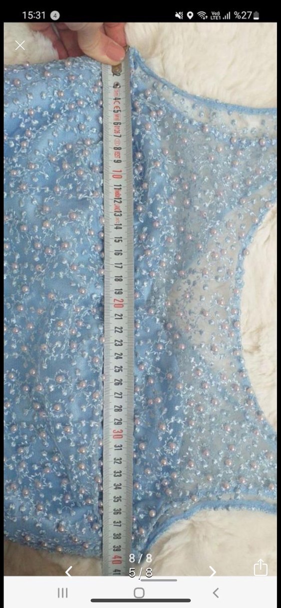 Mavi Uzun Nişanlık Abiye Elbise İnci Detaylı - Görsel 5