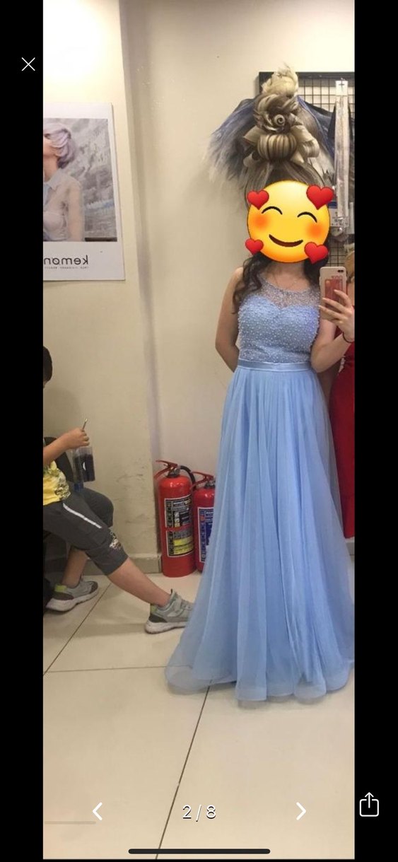 Mavi Uzun Nişanlık Abiye Elbise İnci Detaylı - Görsel 2