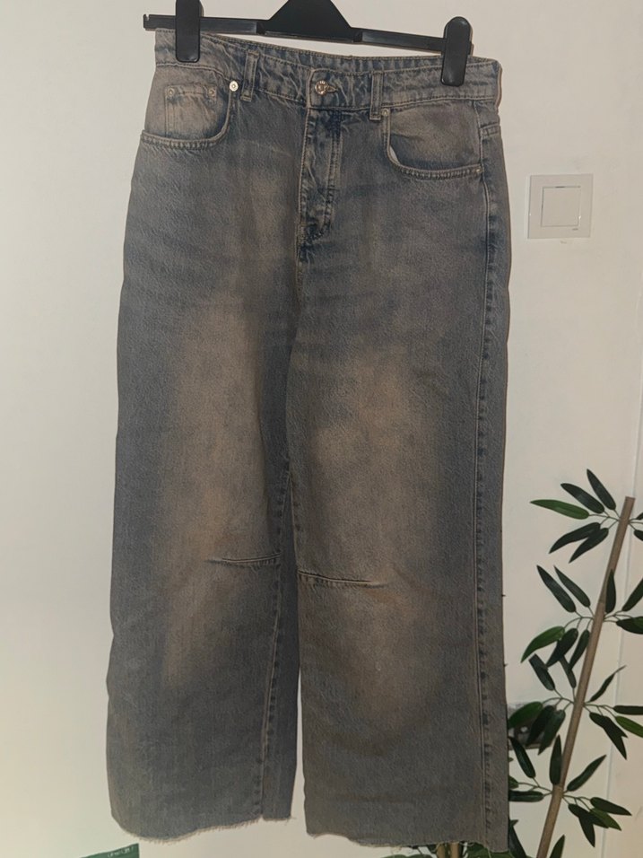 Kadın Gri Kahverengi Bol Kesim Midi Kot Pantolon - Görsel 3