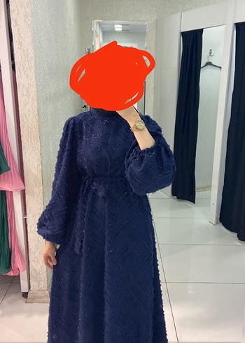 İnci İşlemeli Lacivert Uzun Kadın Elbise - Görsel 2