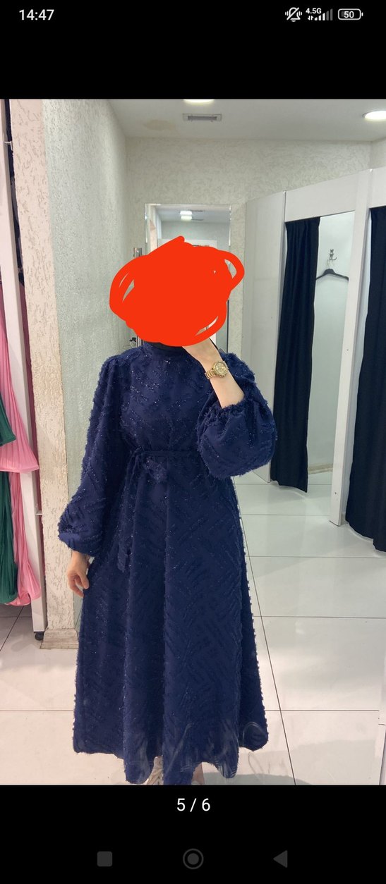 İnci İşlemeli Lacivert Uzun Kadın Elbise - Görsel 2