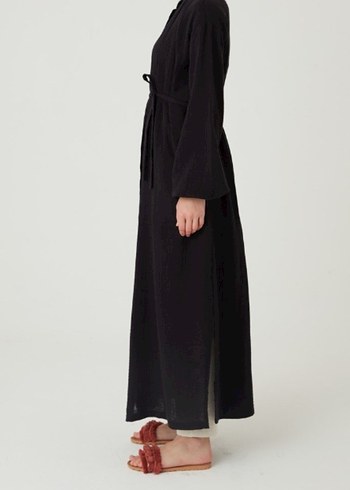 Nakışlı Siyah Uzun Keten Bohem Elbise - Görsel 2