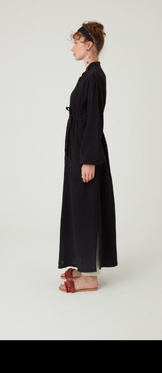 Nakışlı Siyah Uzun Keten Bohem Elbise - Görsel 2