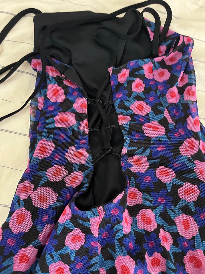 Mor Çiçek Desenli Uzun askılı Elbise - Görsel 3