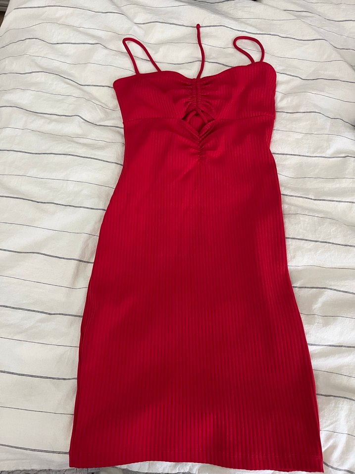 Kırmızı dekolte Mini Elbise - Görsel 2