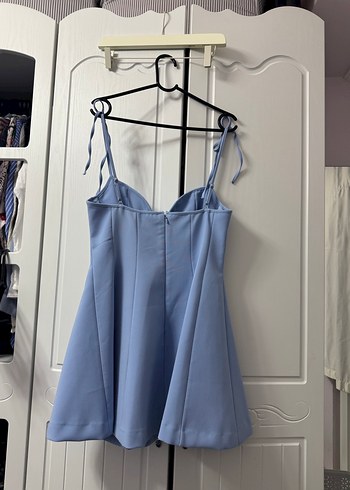 Mavi Midi V Yaka İpli Elbise - Görsel 3