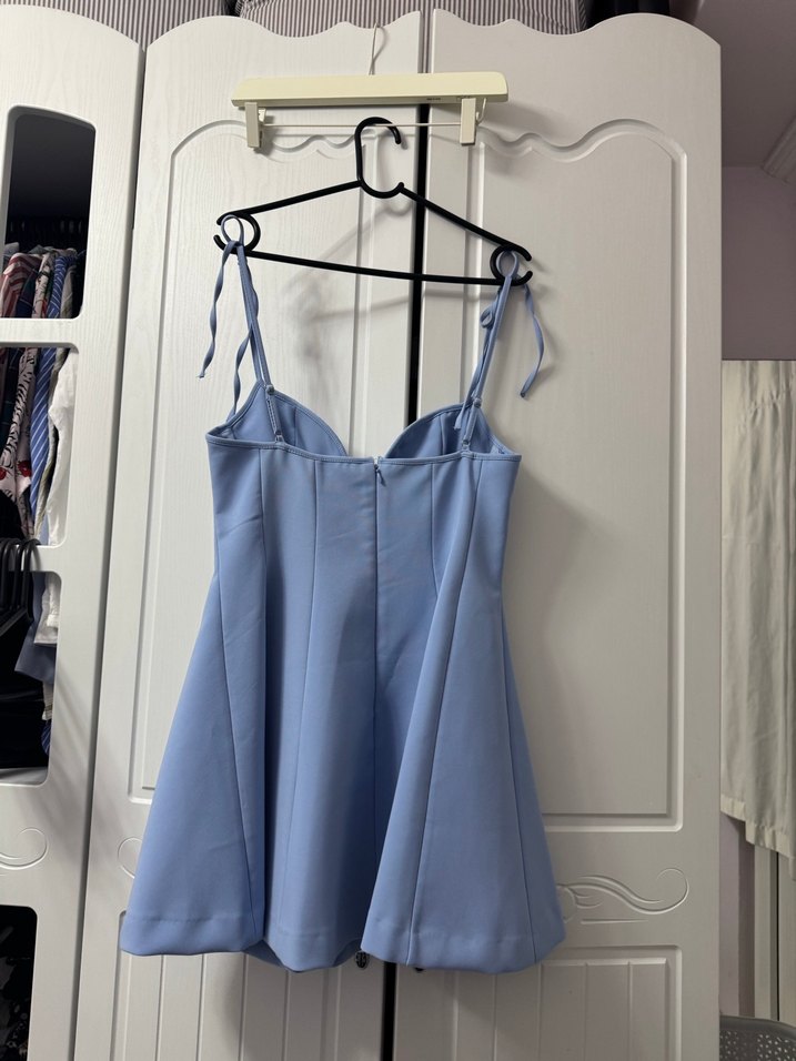 Mavi Midi V Yaka İpli Elbise - Görsel 3