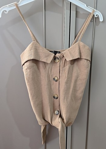 Düğmeli Bej Keten Mini Halter Yaka Atlet
