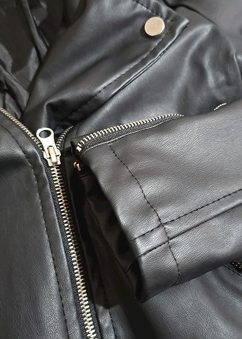 Siyah Deri Kadın Biker Ceket - Görsel 3