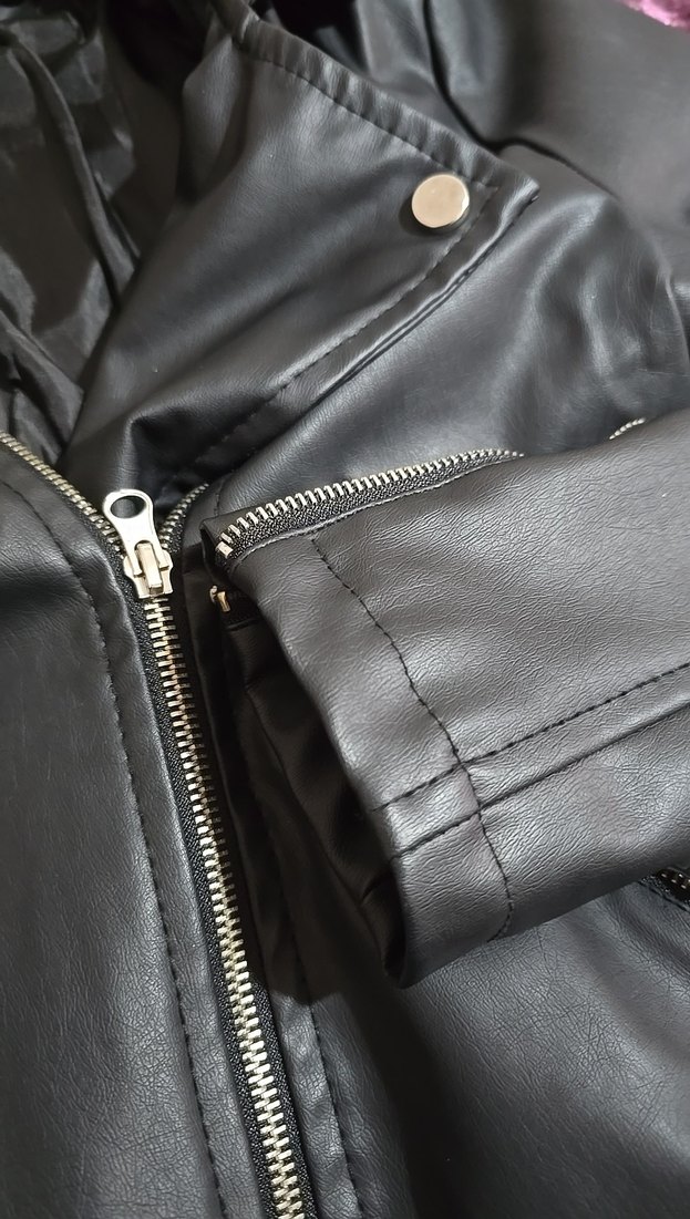 Siyah Deri Kadın Biker Ceket - Görsel 3