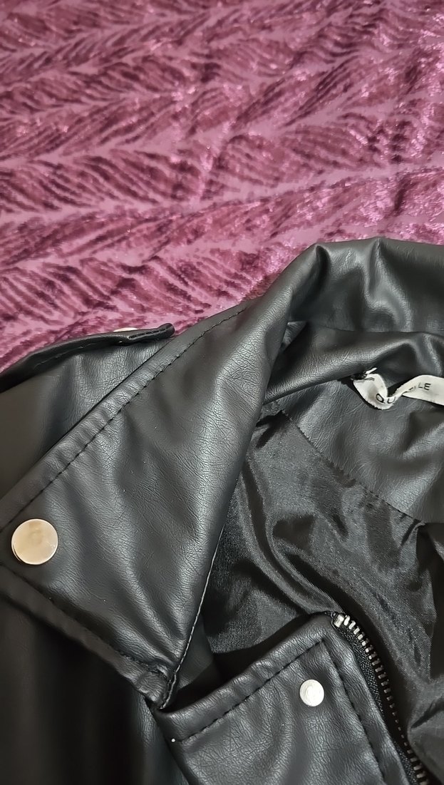 Siyah Deri Kadın Biker Ceket - Görsel 2