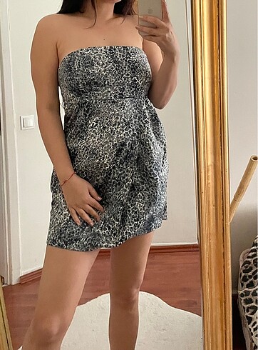 xl Beden Leopar desenli straplez elbise