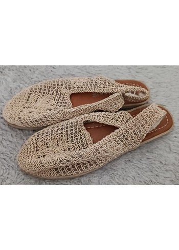 Bej Nakışlı Örgü Kadın Dolgu Topuklu Sandalet - Görsel 3
