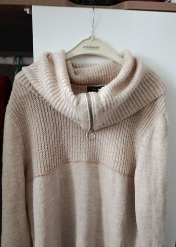 Bej Yüksek Yakalı Örgü Kadın Kazak - Görsel 4