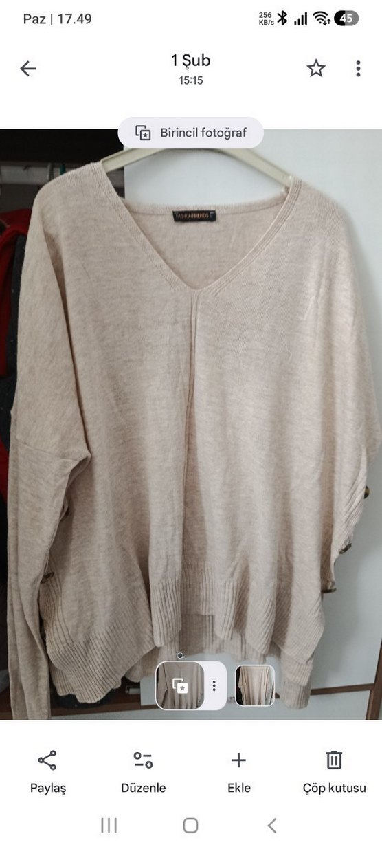 V Yaka Bej Rahat Kesim Keten Kadın Kazak - Görsel 2