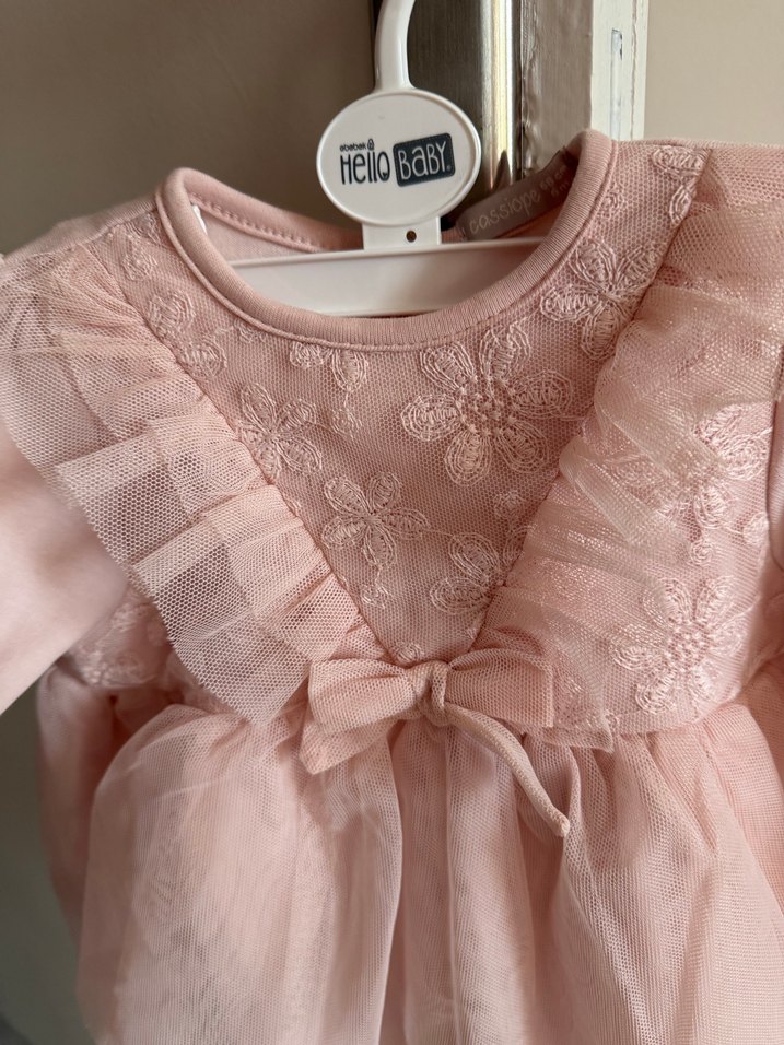 Pembe Fırfırlı Nakışlı Kız Elbise - Görsel 5