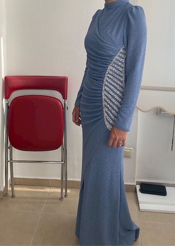 Uzun Kollu Mavi İşlemeli Abiye Elbise - Görsel 3