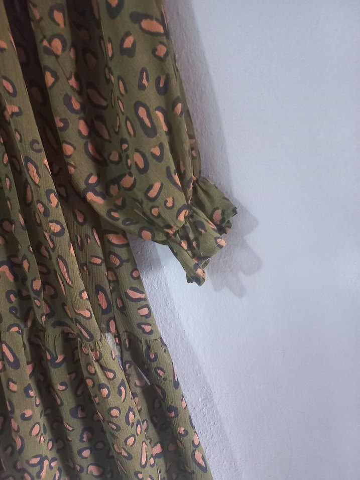 Uzun Kollu Kahverengi Yılan Desenli Bohem Elbise - Görsel 2