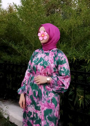 universal Beden Pembe Batik Desenli Uzun Salaş Elbise