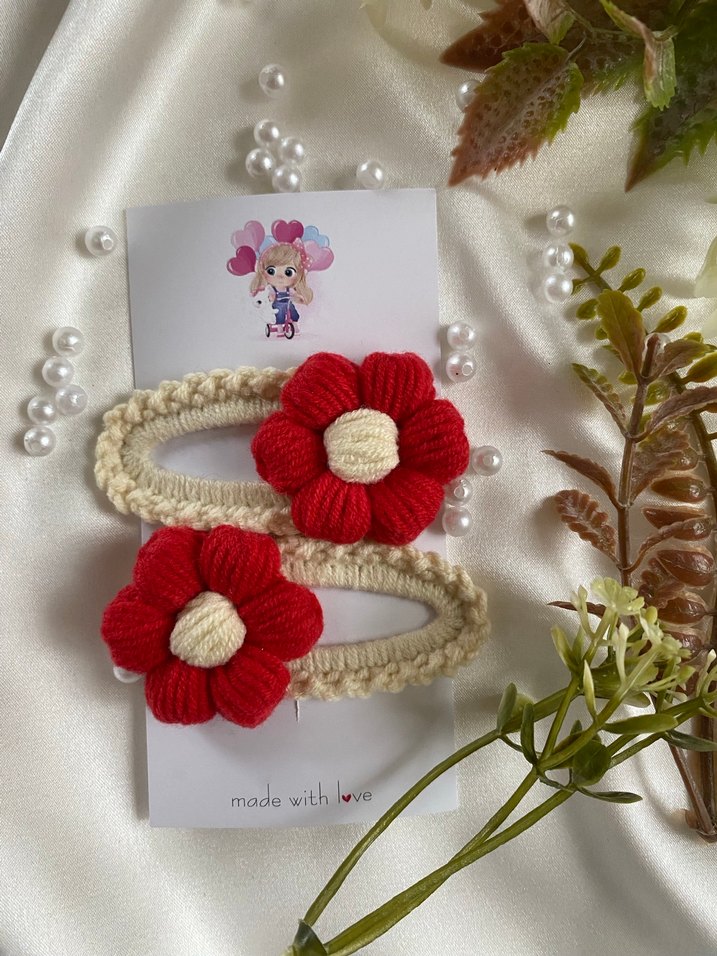 Pelamira: Nakışlı Kırmızı Örgü Çocuk Saç Tokası - Görsel 2