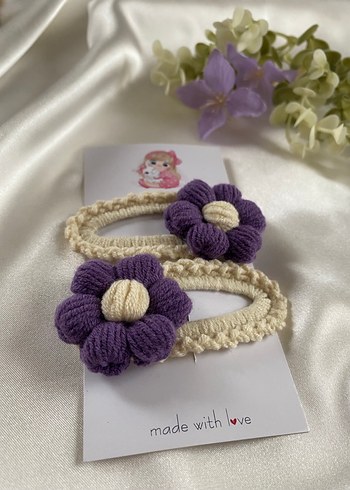 Mor Çiçekli pofuduk papatya Örgü Çocuk Toka Seti - Görsel 2