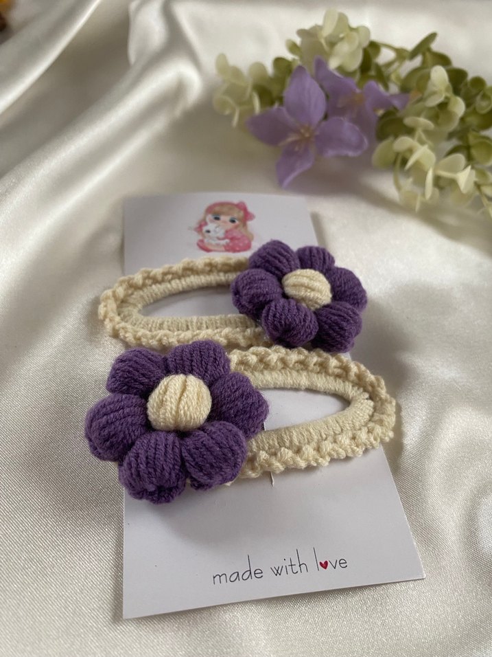 Mor Çiçekli pofuduk papatya Örgü Çocuk Toka Seti - Görsel 2