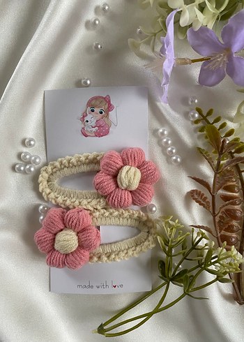 Örgü Pembe Çiçekli Çocuk Toka Seti - Görsel 2