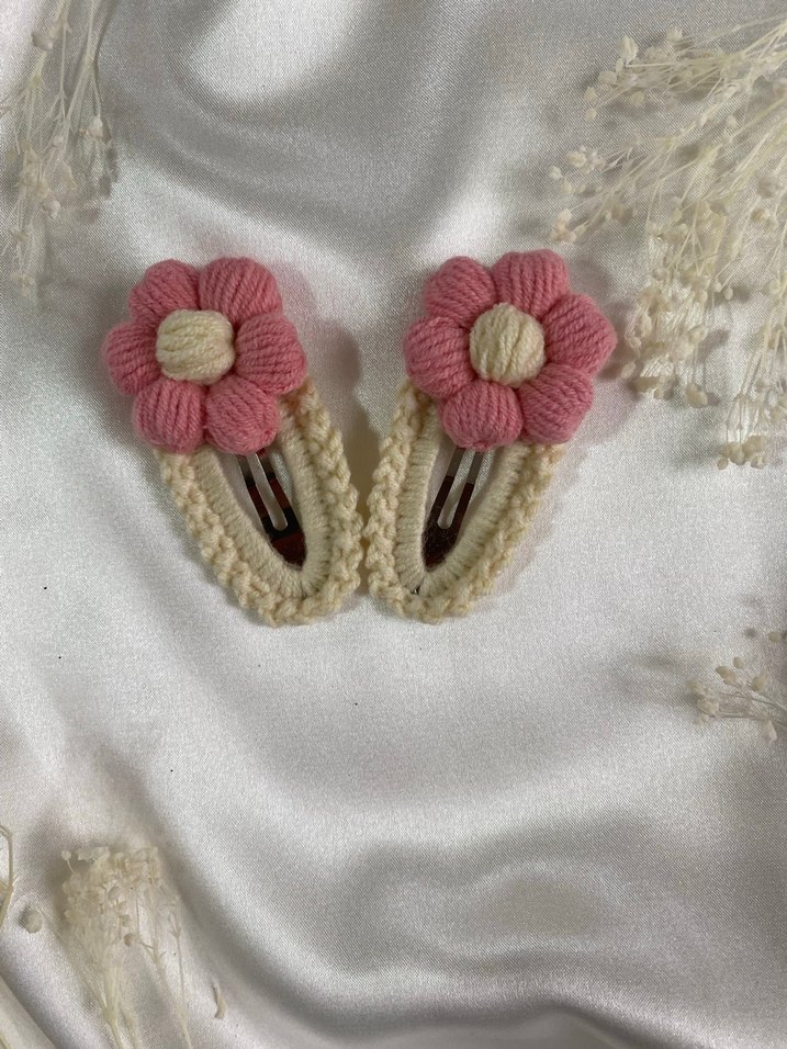 Örgü Pembe Çiçekli Çocuk Toka Seti - Görsel 3