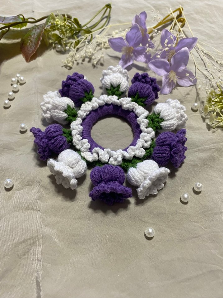Mor Beyaz Çiçekli El Yapımı topuz tokası - Görsel 2