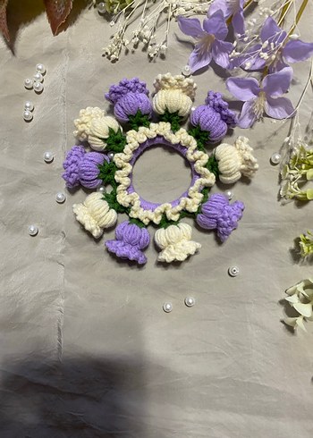 Mor ve Krem Renkli Örgü topuz Tokası - Görsel 2