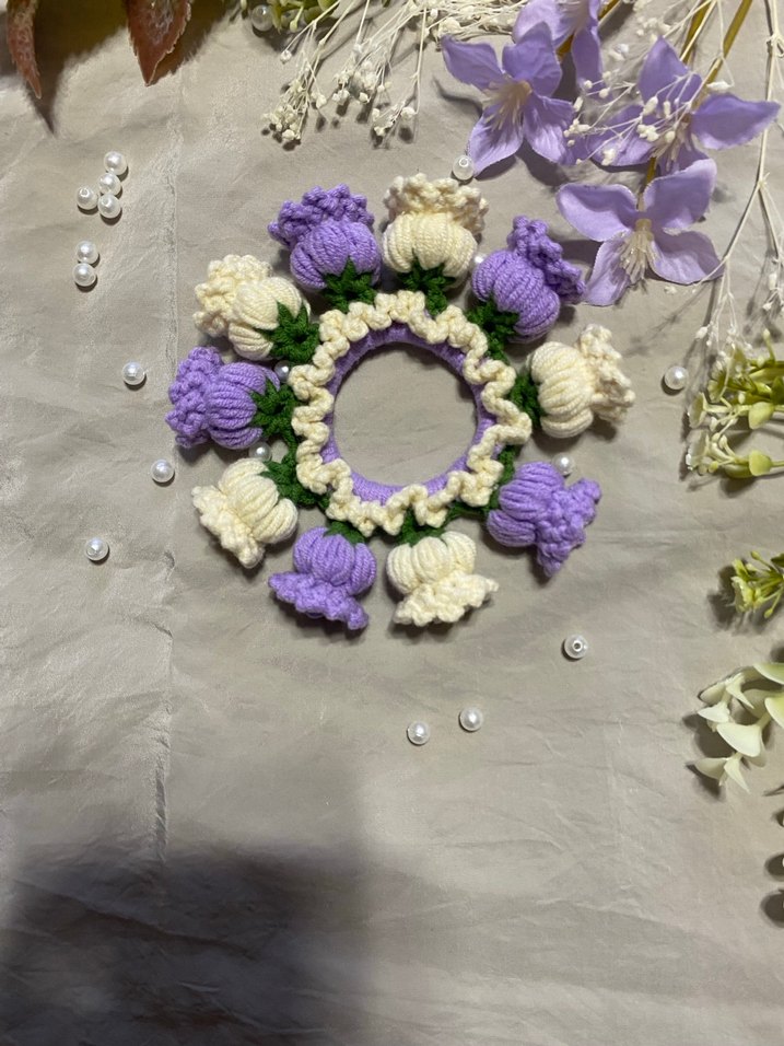 Mor ve Krem Renkli Örgü topuz Tokası - Görsel 2