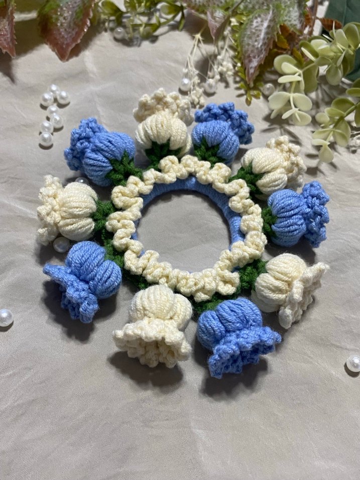 Mavi-krem küpe Çiçekli topuz tokası - Görsel 2