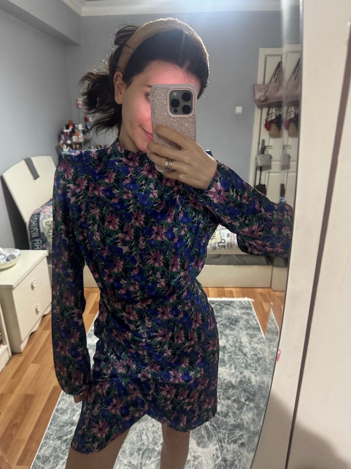 Çiçek Desenli Uzun Kollu Midi Kadın Elbise - Görsel 4