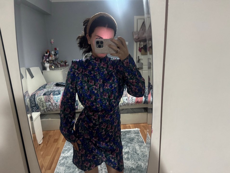 Çiçek Desenli Uzun Kollu Midi Kadın Elbise - Görsel 5