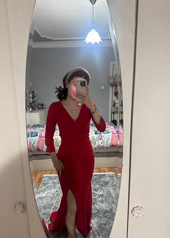 Kırmızı Uzun V Yakalı Drapeli Abiye Elbise - Görsel 3