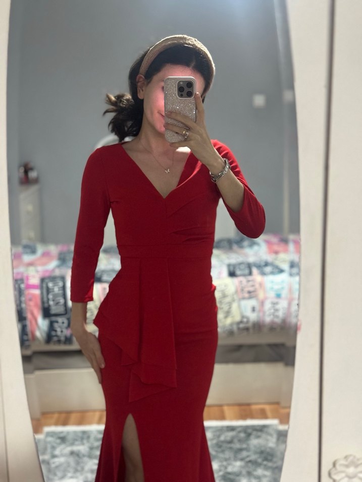 Kırmızı Uzun V Yakalı Drapeli Abiye Elbise - Görsel 4