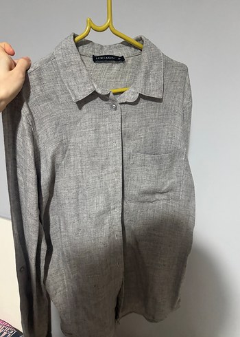 Gri Keten Düğmeli Uzun Kollu Kadın Gömlek - Görsel 4