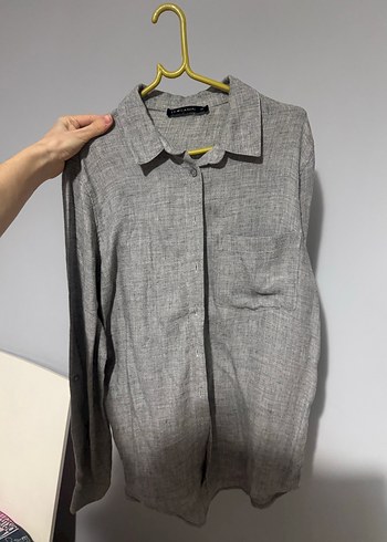 Gri Keten Düğmeli Uzun Kollu Kadın Gömlek - Görsel 2