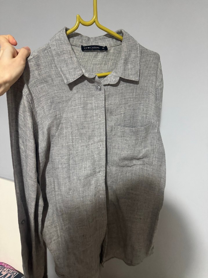 Gri Keten Düğmeli Uzun Kollu Kadın Gömlek - Görsel 4