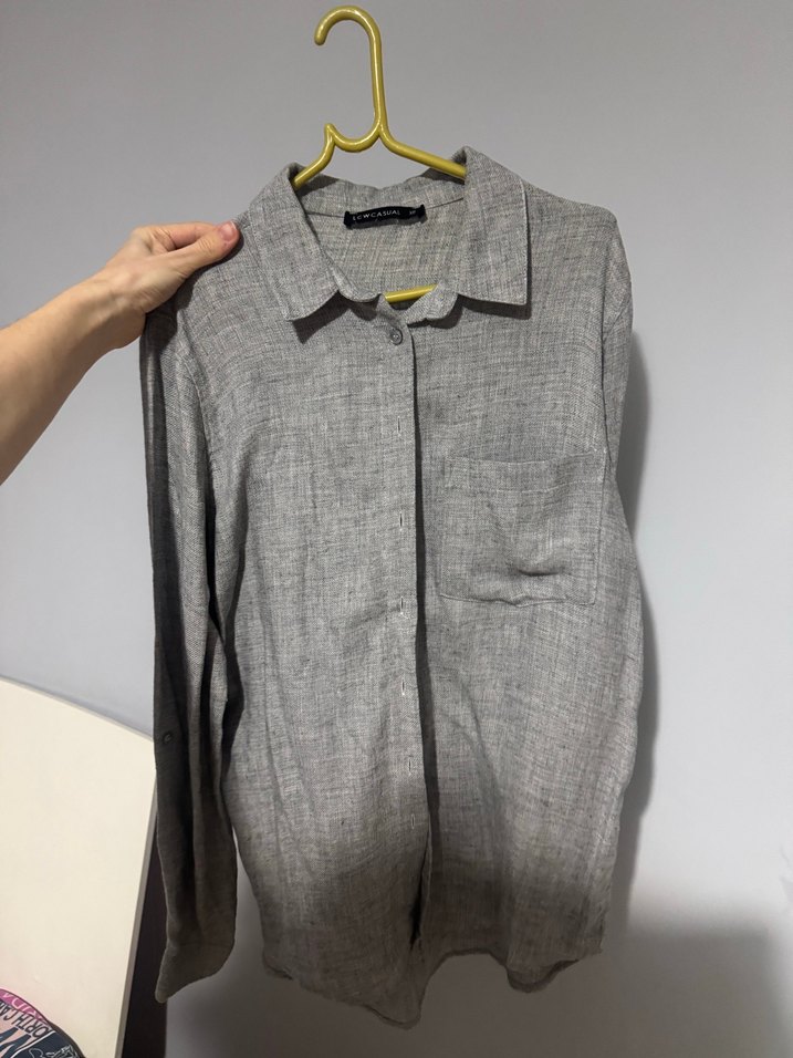 Gri Keten Düğmeli Uzun Kollu Kadın Gömlek - Görsel 2