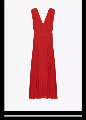 Zara Kırmızı Pilili V Yaka Uzun Abiye Elbise - Görsel 4